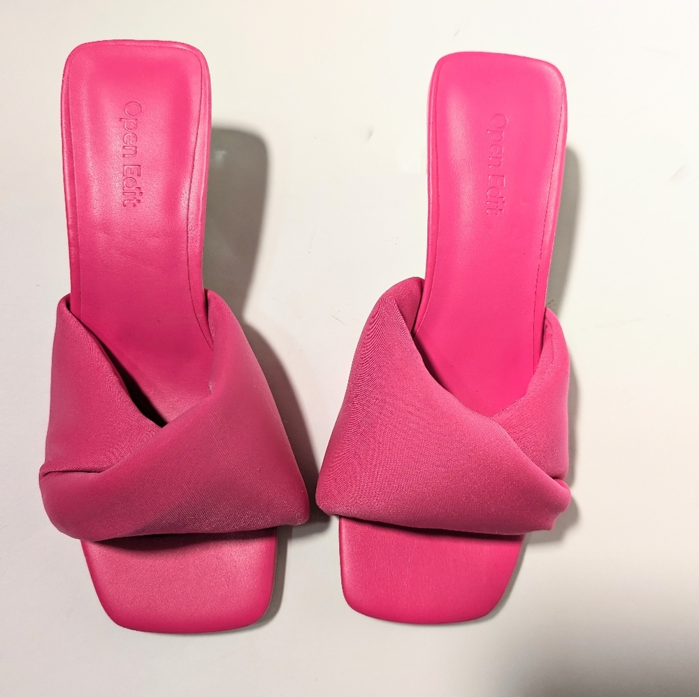 Open edit puffy pink lucite heel mules